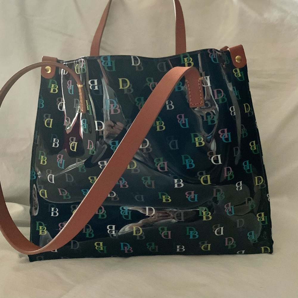 Dooney & Bourke black vinyl medium shopper tote with multi color DB logo print - Picture 2 of 7